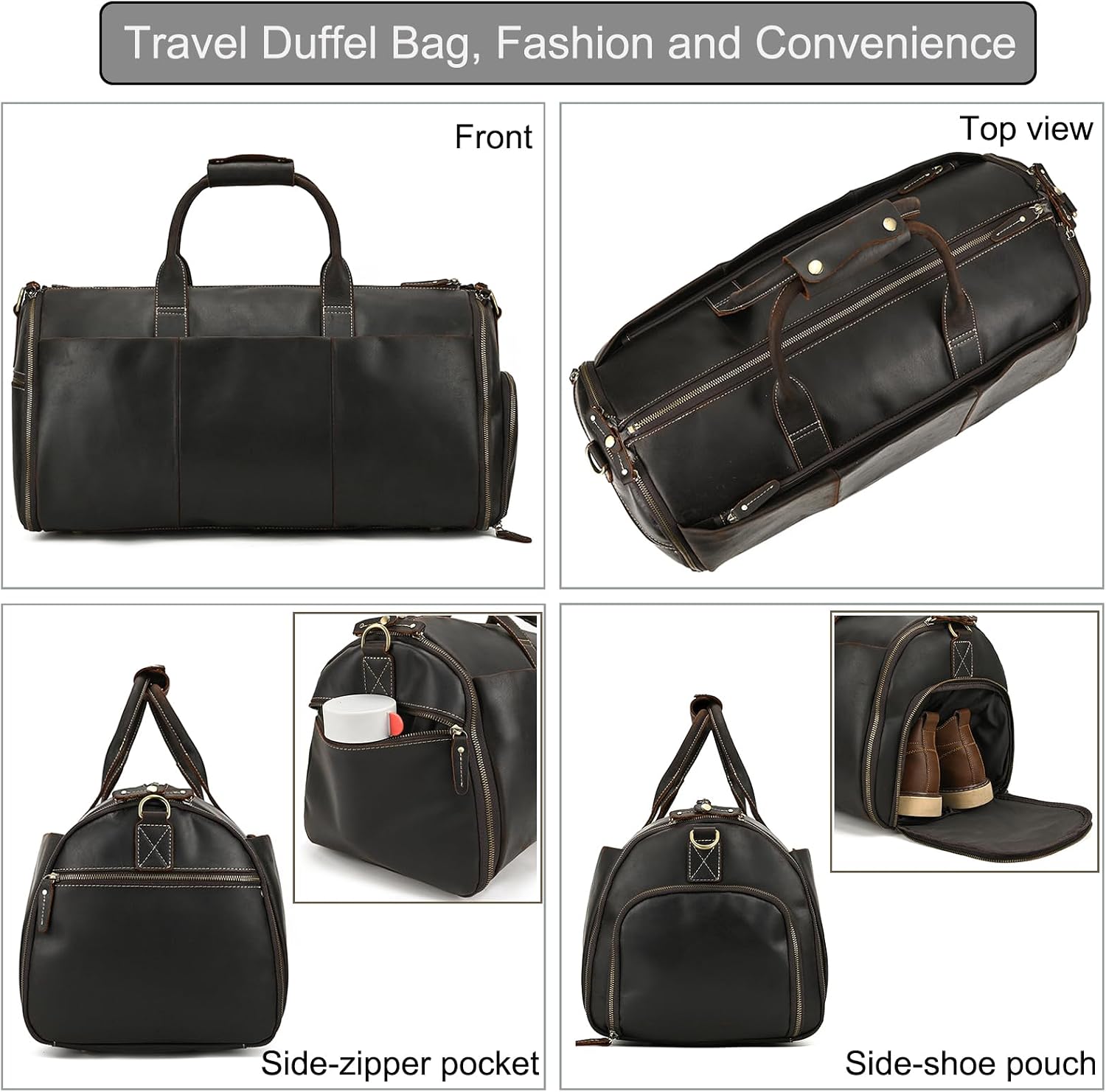LUUFAN Full-grain Leather Garment Bag Large Capacity Travel Bag Business Suit Carrier Bag with Shoe Compartment, Overnight Gym Sports Duffel Bags for Men Women, Dark Brown