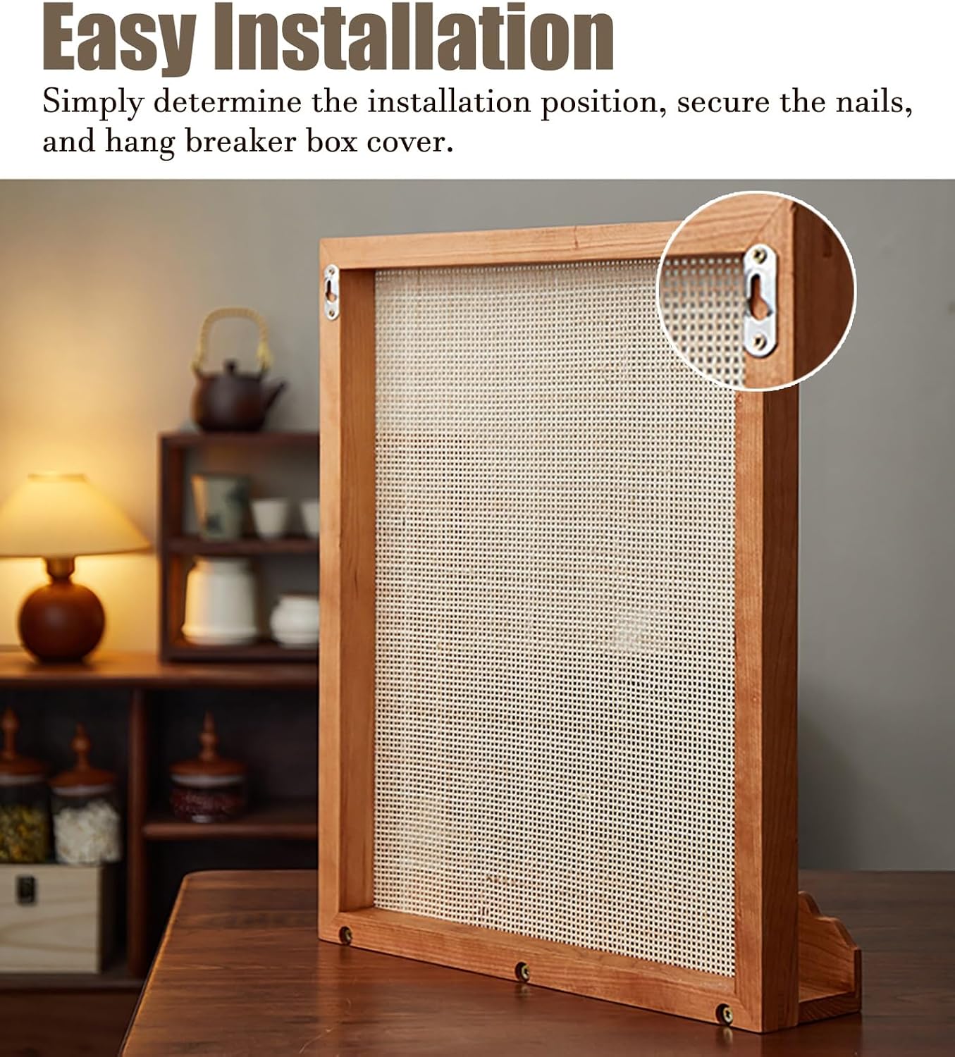 Electrical Panel Cover Wooden Frame Electric Panel Cover, Fuse Box Cover with Rattan Mesh & Shelf, Breaker Box Cover Suspension Mounting, Living Room/ Farmhouse Decor(WXL-35 x 40CM-13 3/4 X 15 3/4')
