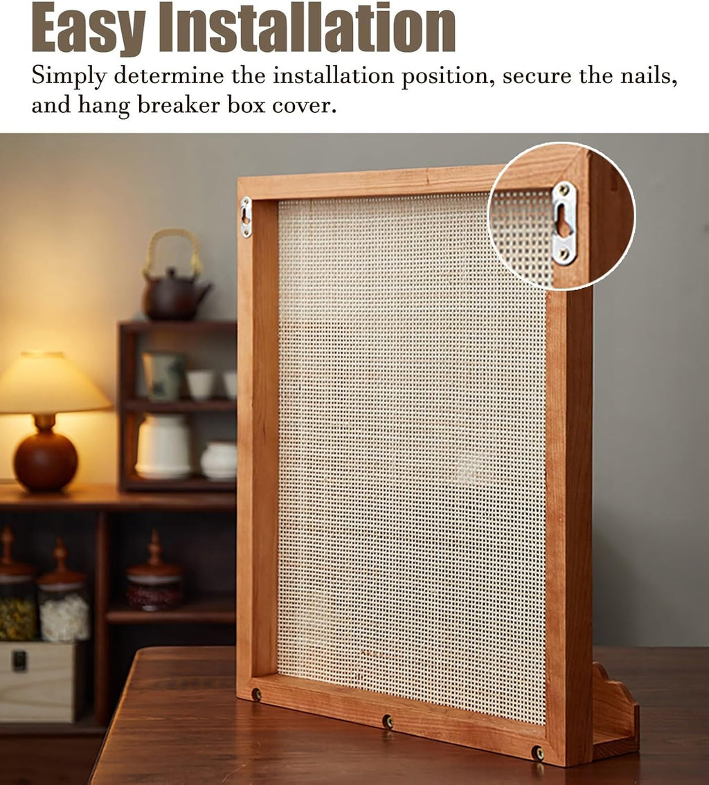 Electrical Panel Cover Wooden Frame Electric Panel Cover, Fuse Box Cover with Rattan Mesh & Shelf, Breaker Box Cover Suspension Mounting, Living Room/ Farmhouse Decor(WXL-45 x 55CM-17 3/4 x 21 5/8')