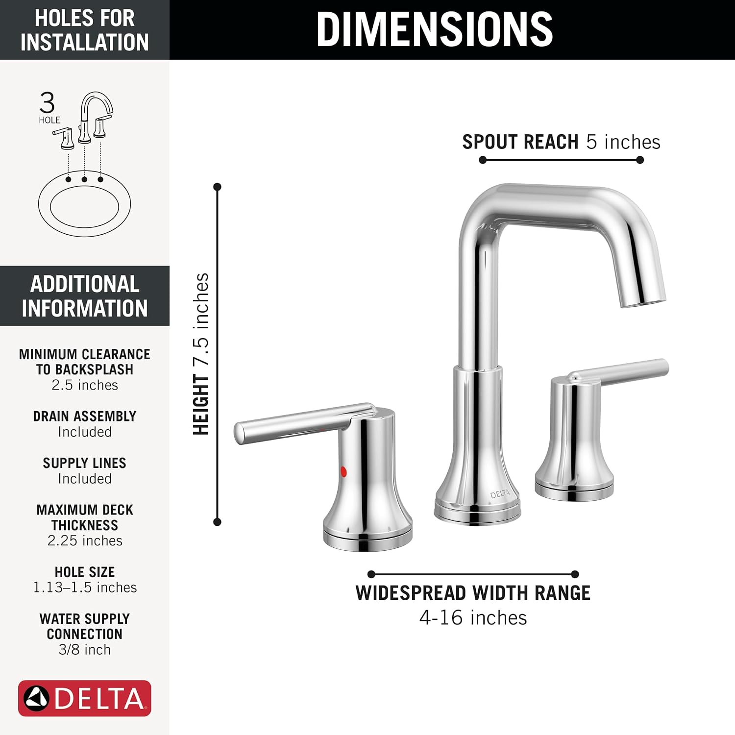 Delta Trinsic U-Spout Widespread Bathroom Faucet, Chrome 3-Hole Bathroom Sink Faucet, Metal Push-Pop Drain Assembly, Chrome 3554-MPU-DST