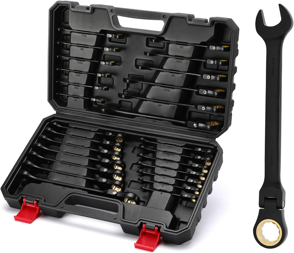 EMENTOL 26 Pieces Flex-Head Ratcheting Wrench Set, Heavy-Duty Combination Wrenches, Metric 6-22mm & SAE 1/4-7/8', 72 Teeth, CR-V Steel, with Organizer Box