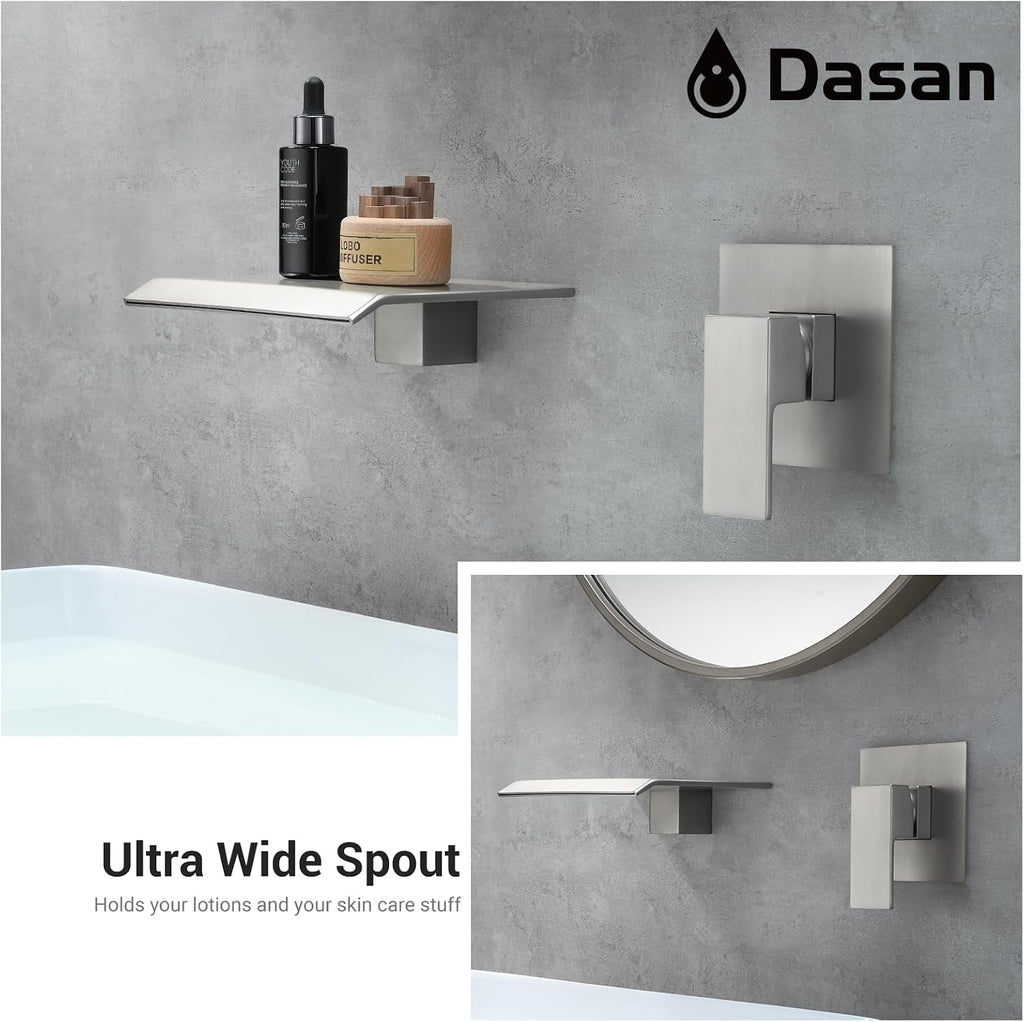 DASAN Wall Mount Waterfall Bathroom Faucet Brushed Nickel in Wall Sink Faucet, Single Handle Wall Mounted Modern Faucet for Bathroom with Upgraded Rough in Valve, DA-TFD3BN-NH