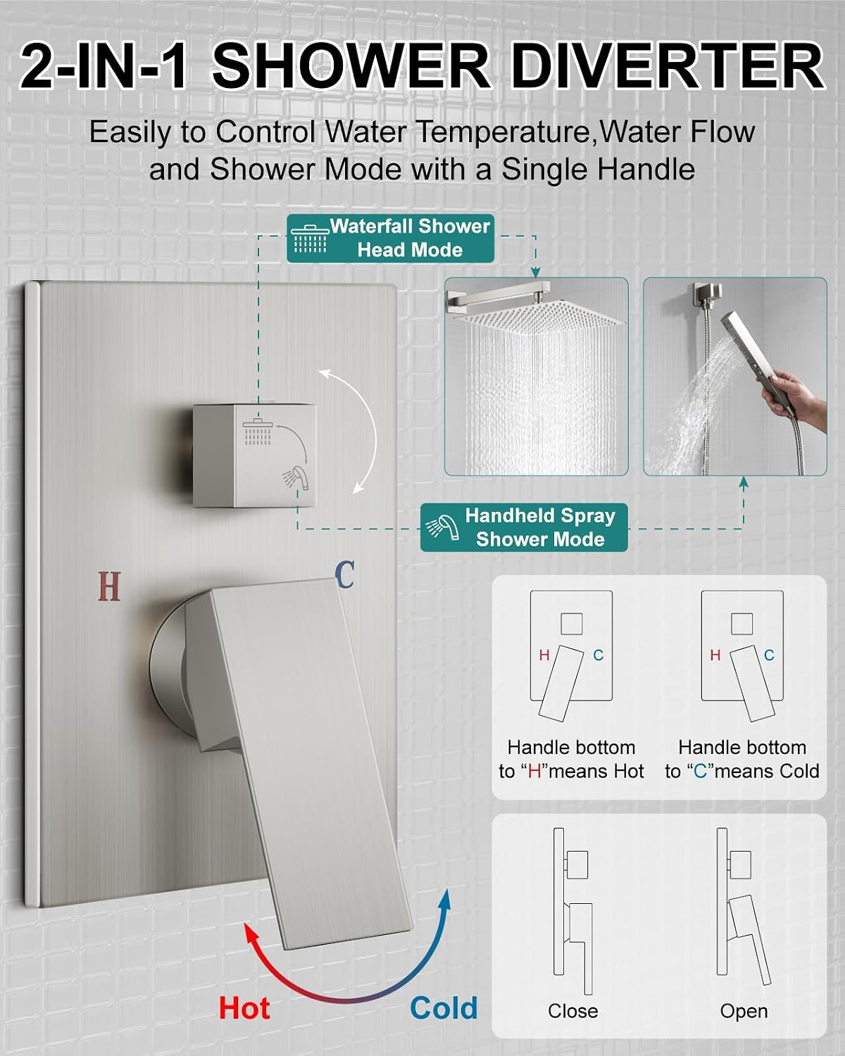 Shower Faucet Set Rainfall Shower System with Square Showerhead and Handle Set Fixture with 2 in 1 Function Handheld Sprayer Wall Mounted Trim Repair Kit Rough-in Valve 16 Inch Brushed Nickel