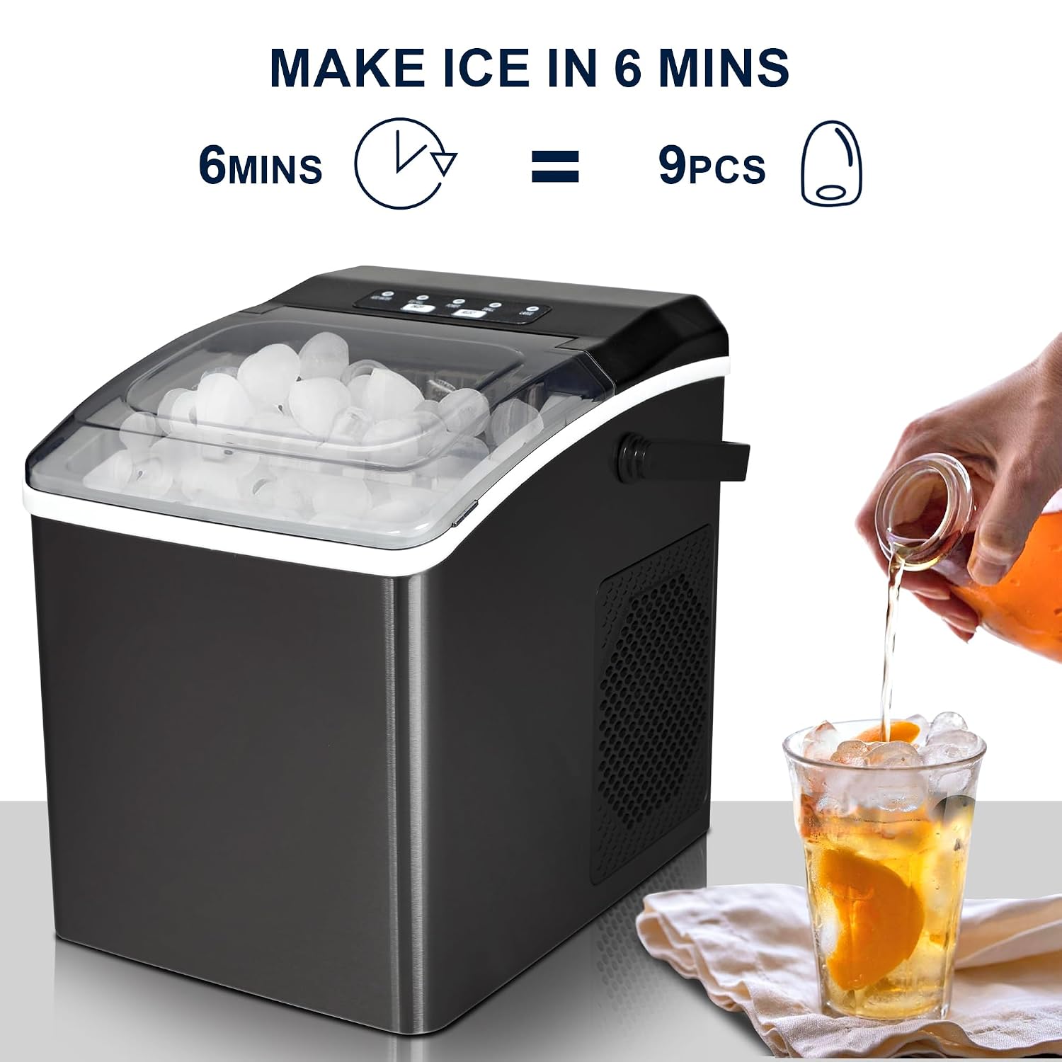 Koolatron Ice Makers Countertop Portable Ice Machine 2 Sizes Bullet Ice Cubes Ready in 6 Mins 26.5lbs/Day with Ice Scoop and Basket Digital Controls LED Indicators for Parties/Home/Office/Bar, Black