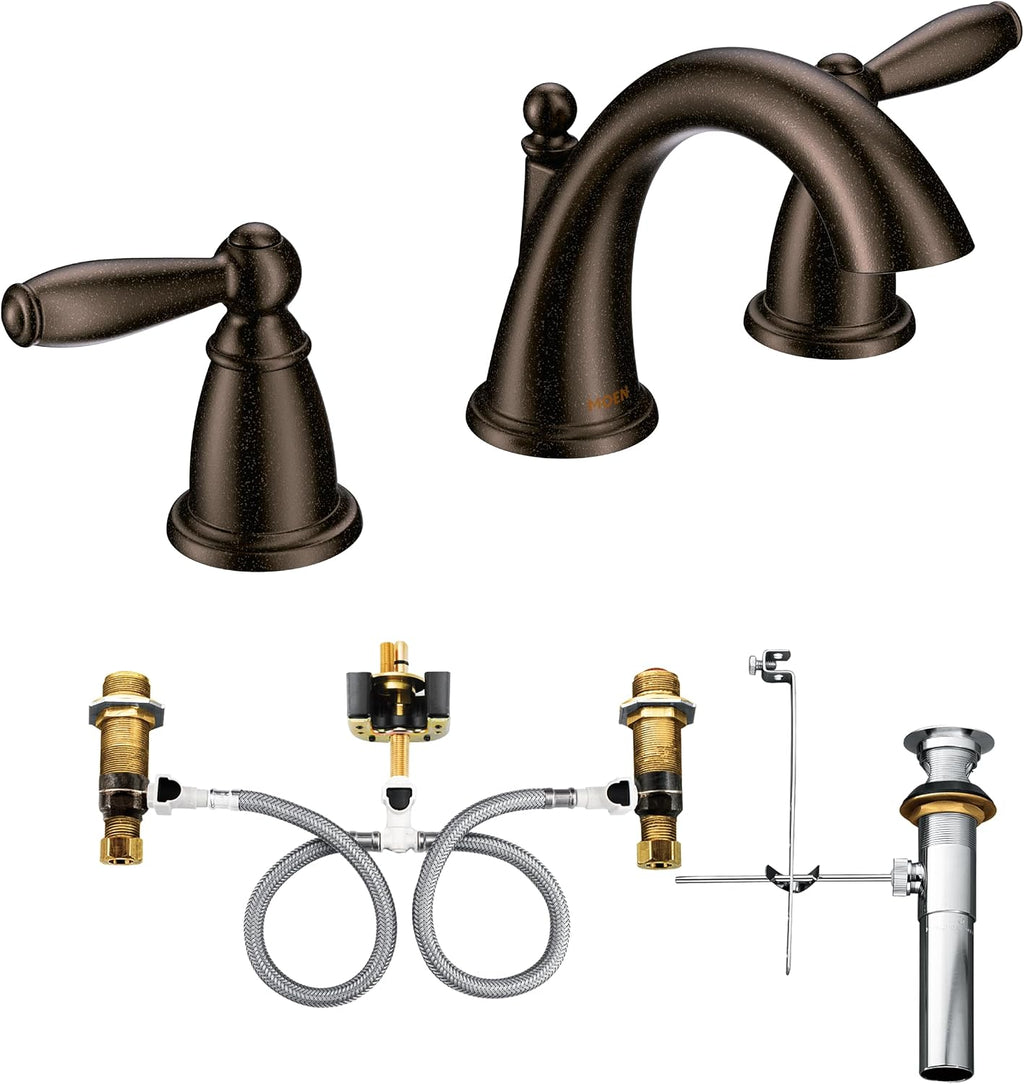 Moen Brantford Oil-Rubbed Bronze Two-Handle Widespread Bathroom Faucet Trim Kit Bathroom Faucets for Sink 3-hole Deck Mounted Setup, (Valve Required), T6620ORB
