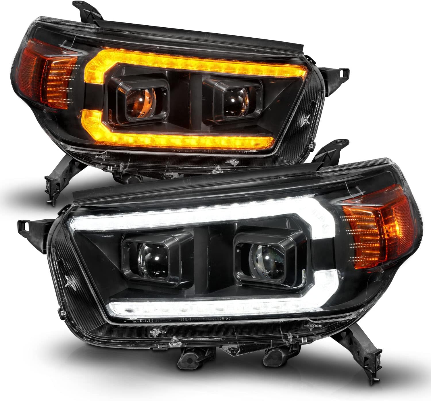 AmeriLite for 2010-2013 Toyota 4Runner Switchback LED DRL Sequntial Turn Signal Dual Projector Black Headlight Set - Driver and Passenger Side