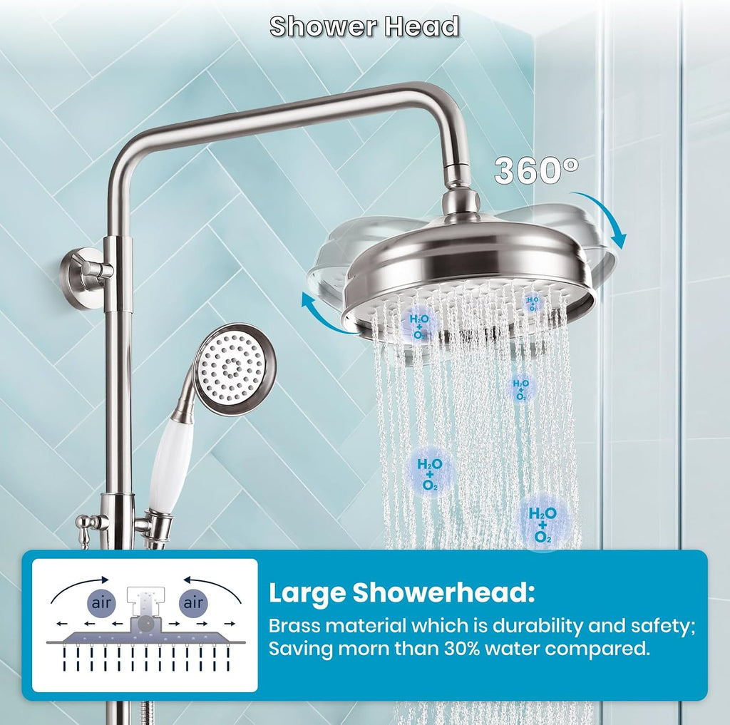 gotonovo Luxury Exposed Shower Faucet Set Bathroom Shower System 8 Inch Wall Mount Rainfall Shower Head with Handheld Spray Cross Double Handle Shower Fixture Adjustable Straight Rod Brushed Nickel