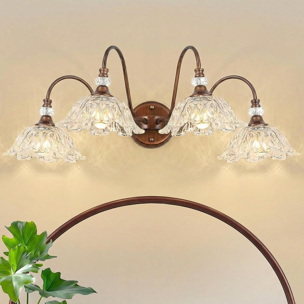 Antique Red Bronze Finish Bathroom Vanity Light, 4-Light Vintage Vanity Light with Floral Clear Glass Shades, Retro Wall Mount Lighting for Bathroom, Dressing Table