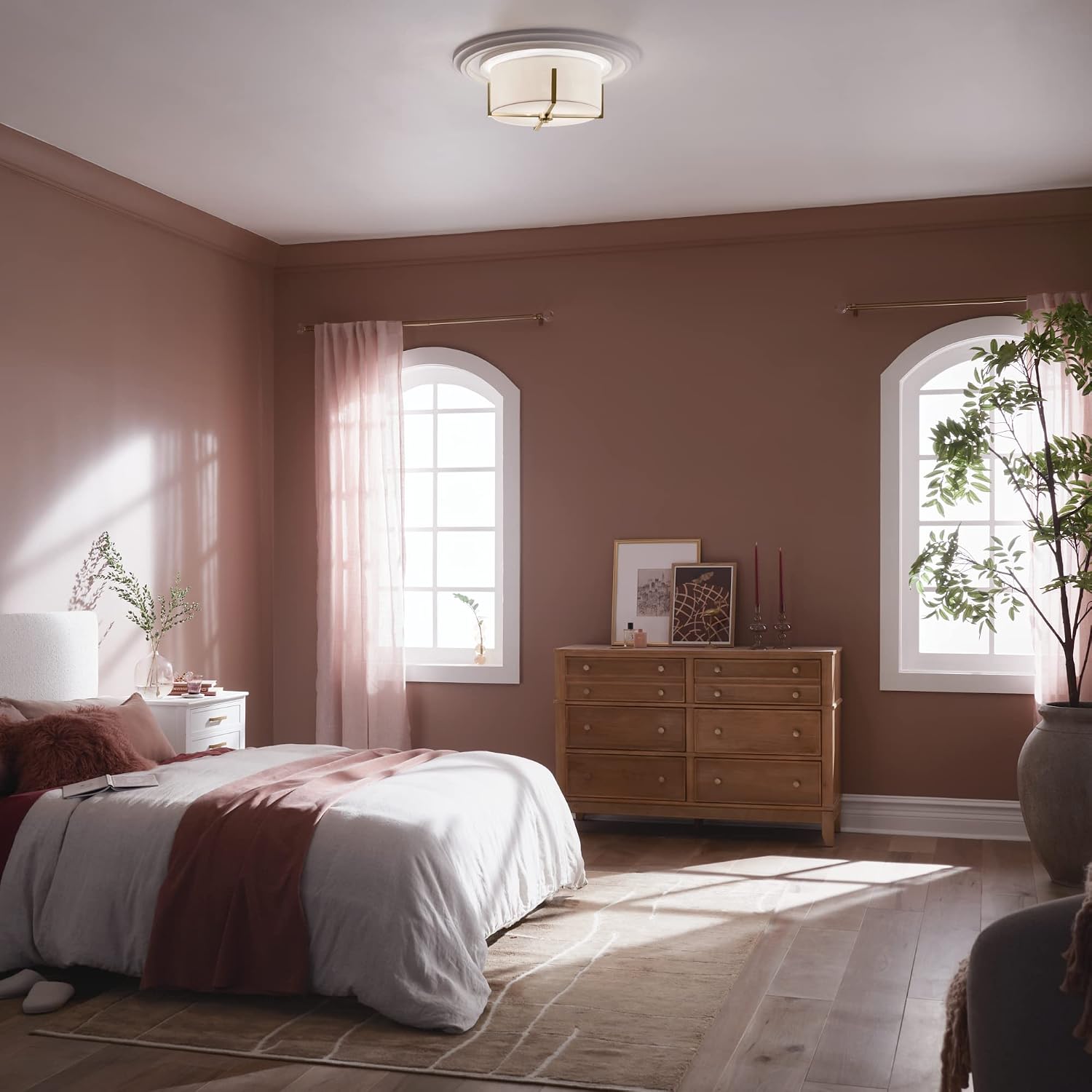 Kichler Malen 52593CPZ Flush Mount 2-Light 15.5˝ with White Fabric Shade in Champagne Bronze