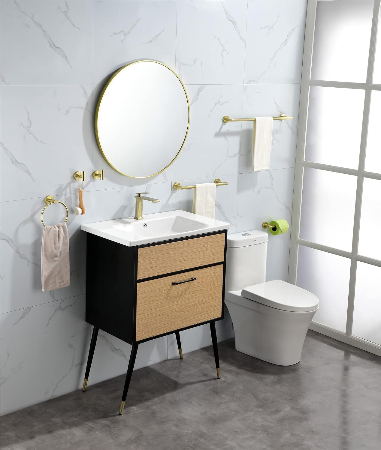 6-Pieces Bathroom Hardware Set SUS304 Stainless Steel Round Wall Mounted Includes Hand Towel Bar,Toilet Paper Holder,Robe Towel Hooks,Bathroom Accessories Kit On-Site (Gold)