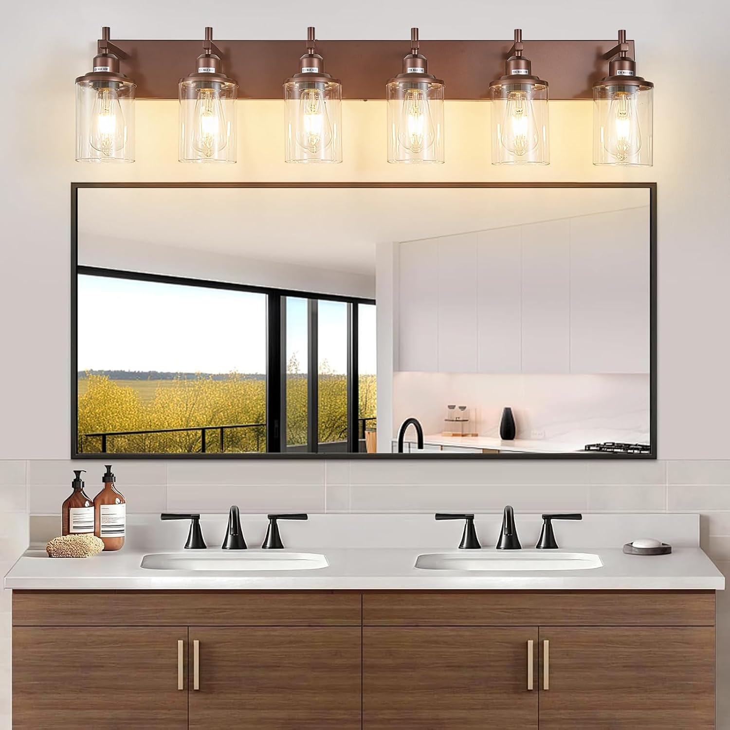 Lanhall 6-Light Bronze Bathroom Light Fixtures Over Mirror,Modern Bathroom Vanity Light with Clear Glass Shade, Wall Sconce for Bathroom Hallway Cabinet Bedroom Kitchen Living Room Foyer E26 Base