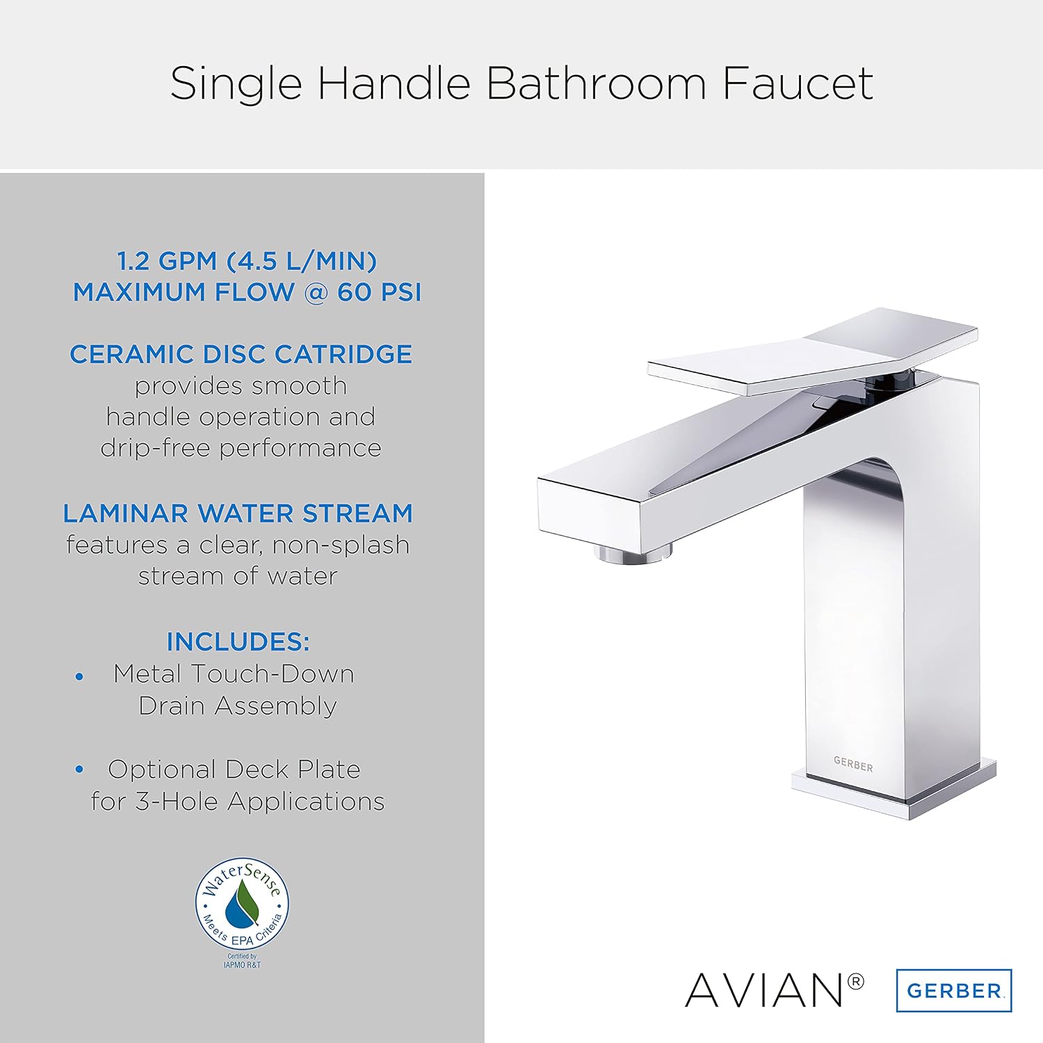 Gerber Avian Single Handle Bathroom Faucet with Metal Touch Down Drain, Chrome