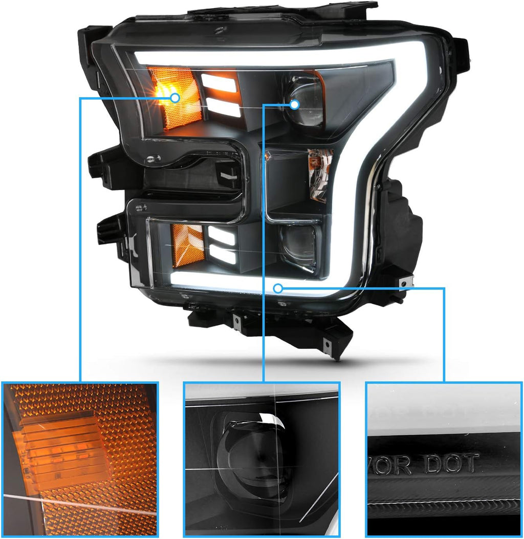 AmeriLite For 2015-2017 Ford F150 Pickup [Halogen Type] Black LED Tube Parking Light Bar Dual Square Projector Headlights Set - Driver and Passenger Side
