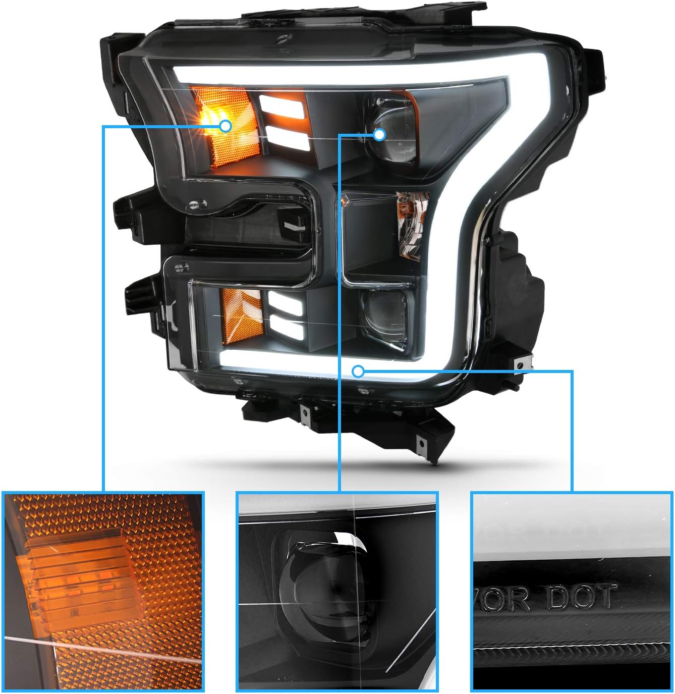 AmeriLite For 2015-2017 Ford F150 Pickup [Halogen Type] Black LED Tube Parking Light Bar Dual Square Projector Headlights Set - Driver and Passenger Side