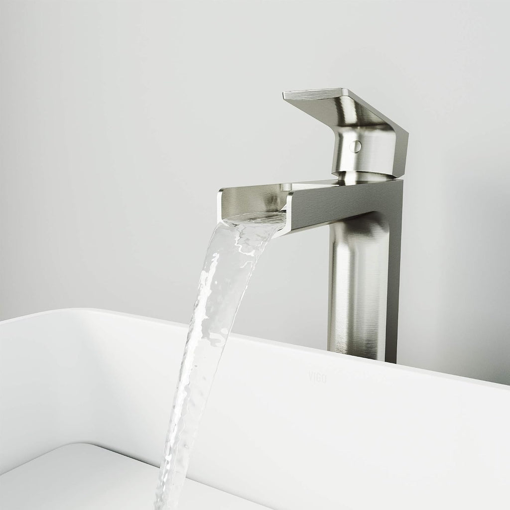 VIGO Amada Waterfall Single-Handle Single-Hole Mount Vessel Bathroom Sink Faucet, 10-Inch, Brushed Nickel, Modern Design, Solid Brass, 1.2 GPM WaterSense & Ceramic Disc Valve, Corrosion-Resistant