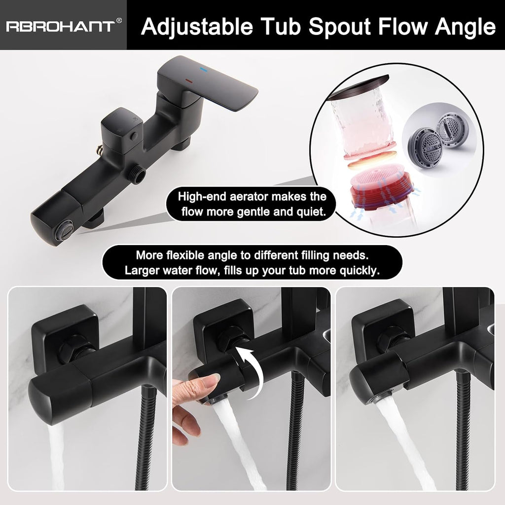 RBROHANT 3 Functions Exposed Shower System, Matte Black Exposed Shower Faucet Set, 10 Inch Rain Shower Head with Handheld and Tub Spout,Shower Height Adjustable, Wall Mounted