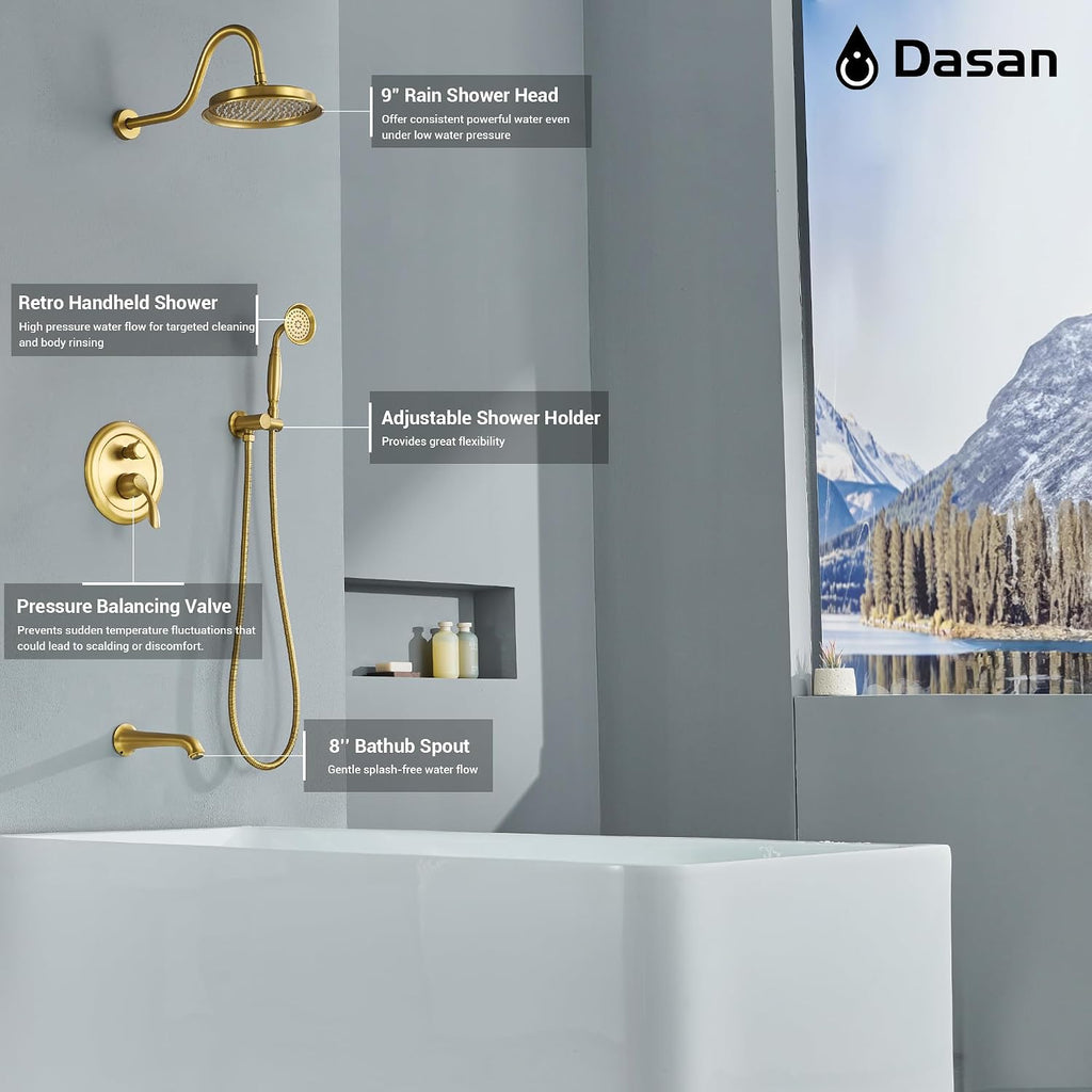 DASAN Brushed Gold Shower System with Tub Spout, Tub and Shower Faucet Combo Set with Valve & Trim Kit Bathtub Shower Faucet Set Bathtub Shower System with Rainfall Shower Head & Handheld, AT309W-BTG