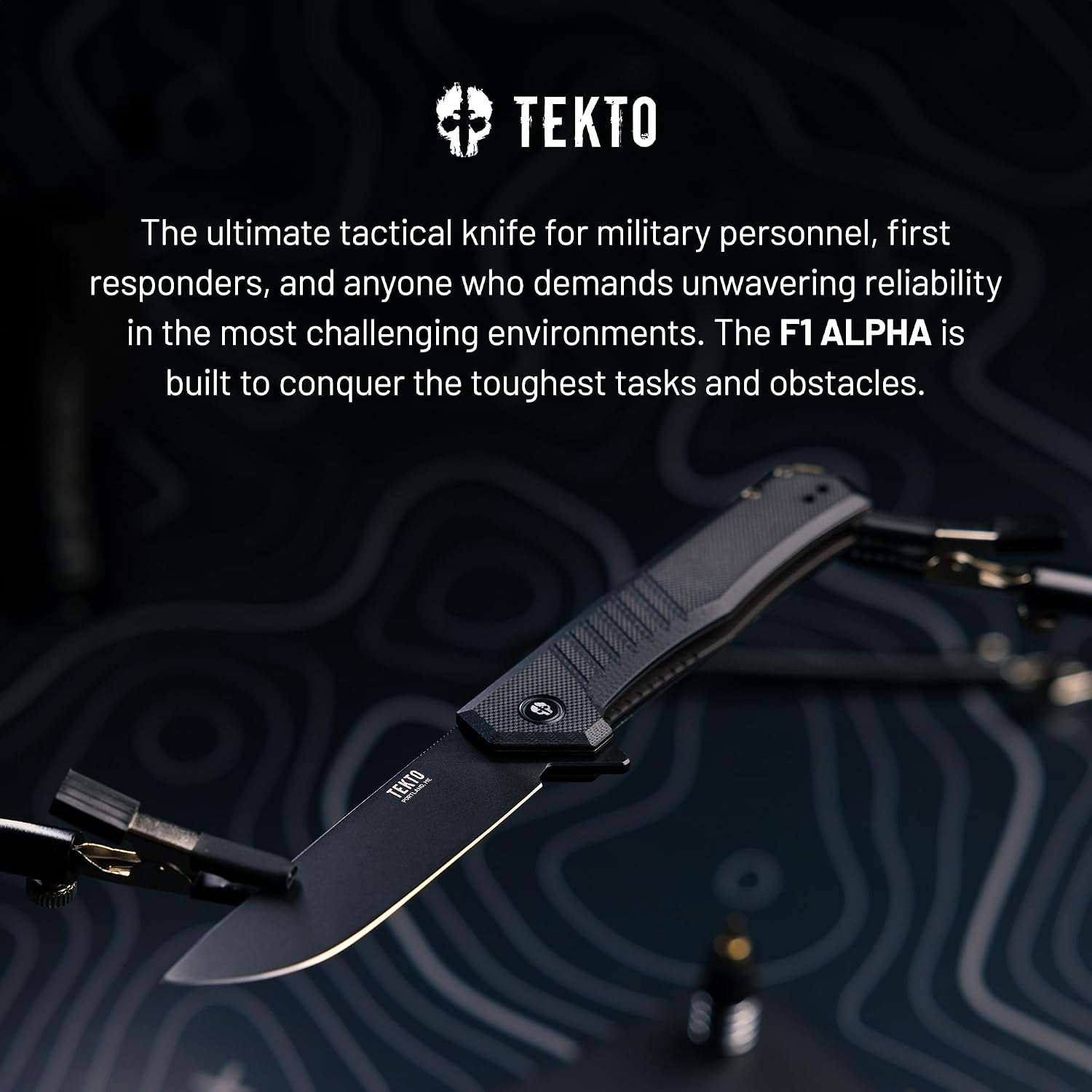 TEKTO F1 Alpha Folding Pocket Knife - Modified Straight Back Blade, Titanium Coated D2 Steel, Tactical Knife, EDC Folding Pocket Knives for Camping, Hunting & Backpacking - G10 Black, Black Accents