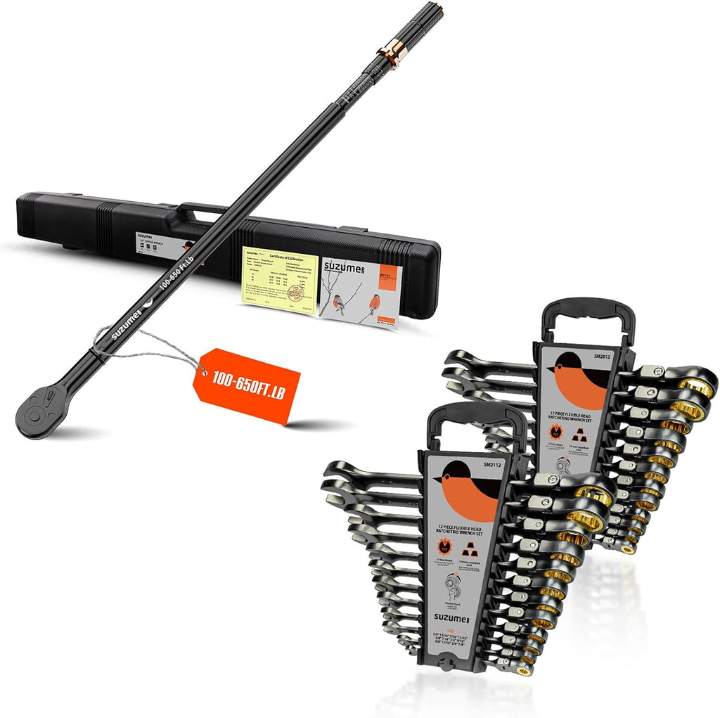 SUZUME 24-Piece Metric and SAE Flex Head Ratcheting Wrench Set & 3/4 Torque Wrench (100-800 Ft.Lb/ 135.6-1084.8 N.m)