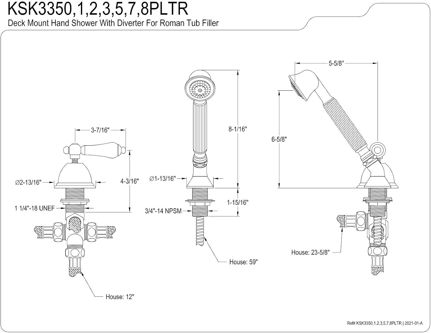 Kingston Brass KSK3355PLTR Deck Mount Hand Shower with Diverter for Roman Tub Faucet, Oil Rubbed Bronze