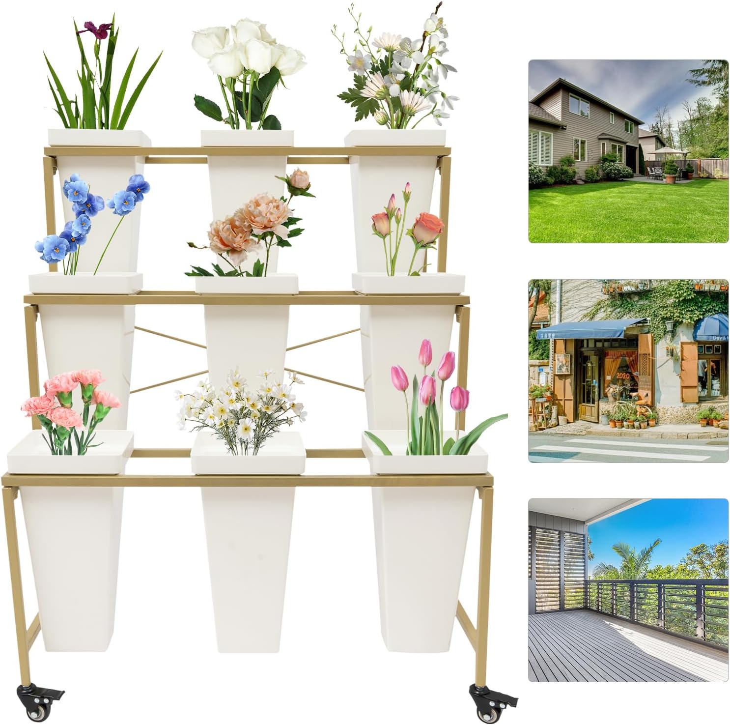 Flower Display Stand with 9Pcs White Square Buckets, 3 Layers Gold Metal Plant Holder with Wheels, Moving Florist Bouquet Shelf for Fresh Flower Shop, for Patio Garden, Outdoor Flower Pop-Up Events