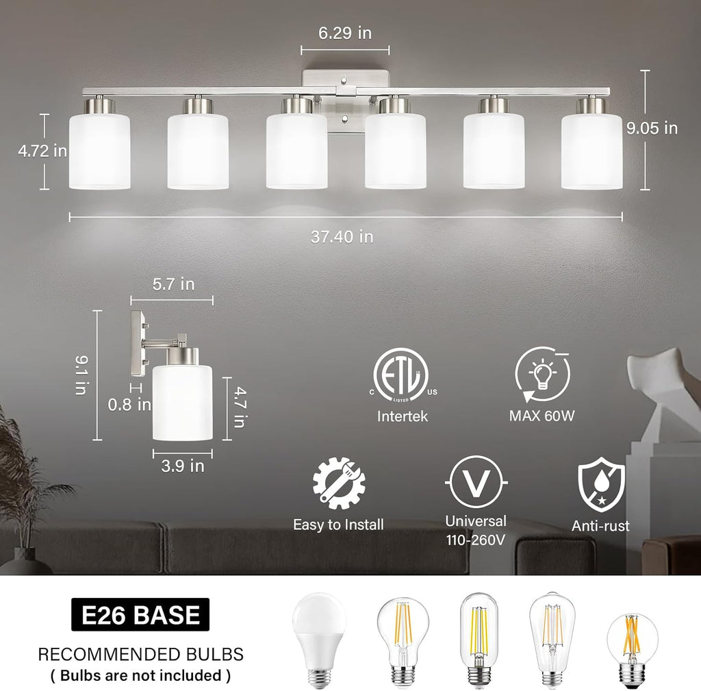 FonmYim Brushed Nickel Bathroom Light Fixtures, 6-Light Modern Vanity Light Over Mirror, Wall Sconces with Milky White Frosted Glass Shades, E26 Socket (Bulbs Not Included)