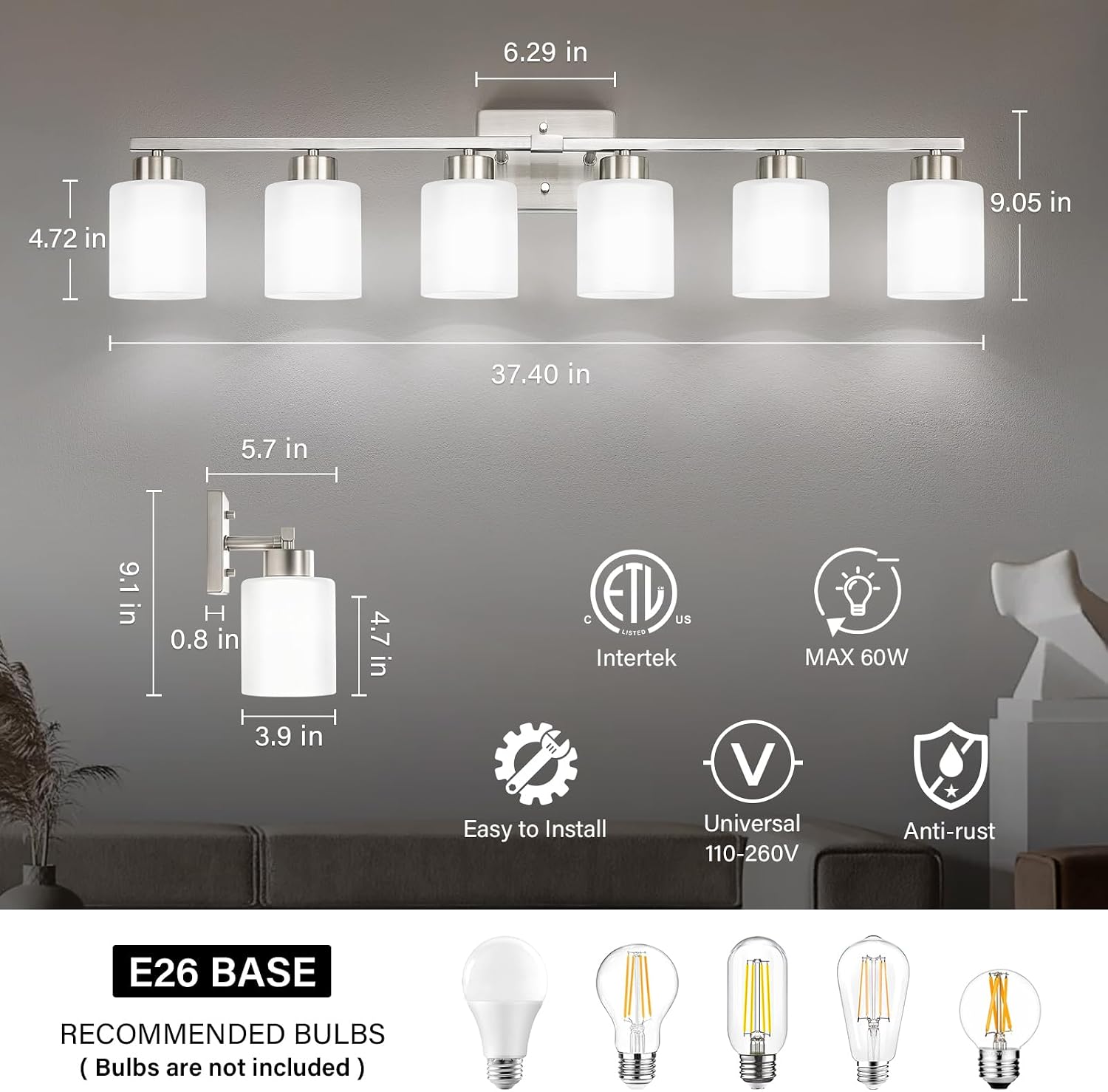 FonmYim Brushed Nickel Bathroom Light Fixtures, 6-Light Modern Vanity Light Over Mirror, Wall Sconces with Milky White Frosted Glass Shades, E26 Socket (Bulbs Not Included)