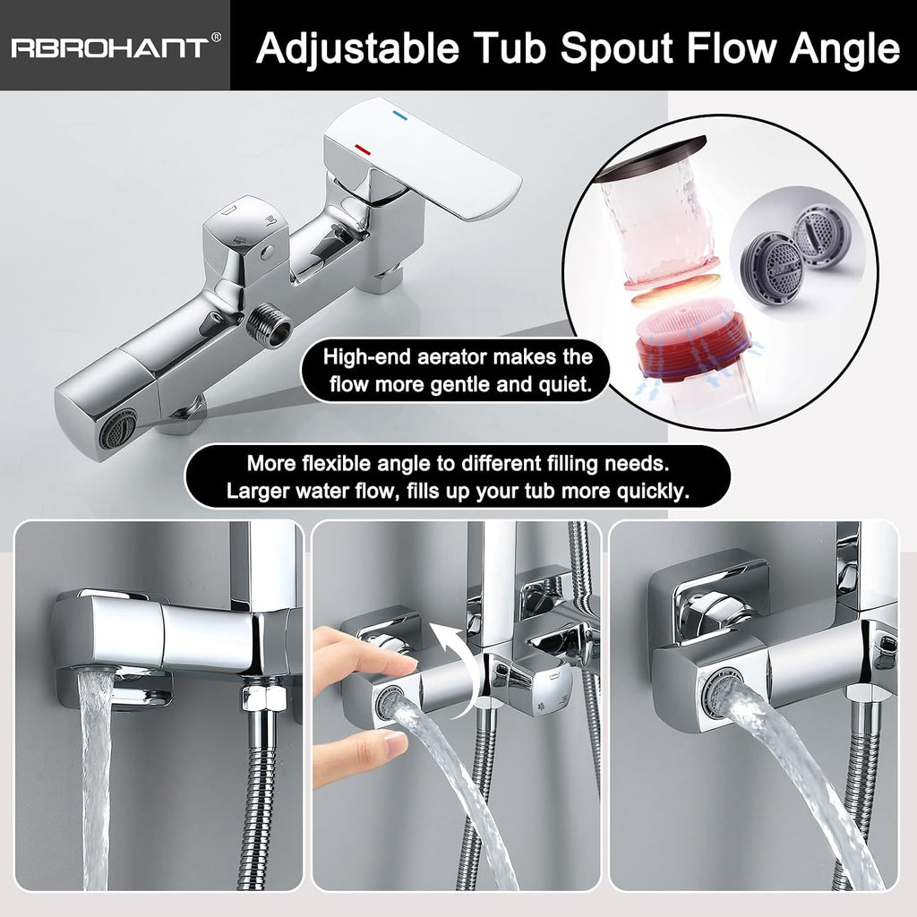 RBROHANT Polished Chrome Exposed Shower System with Tub Spout, Exposed Shower Fixtures for Bathroom with Brass 3-Functional Valve, Height Adjustable, Wall Mounted