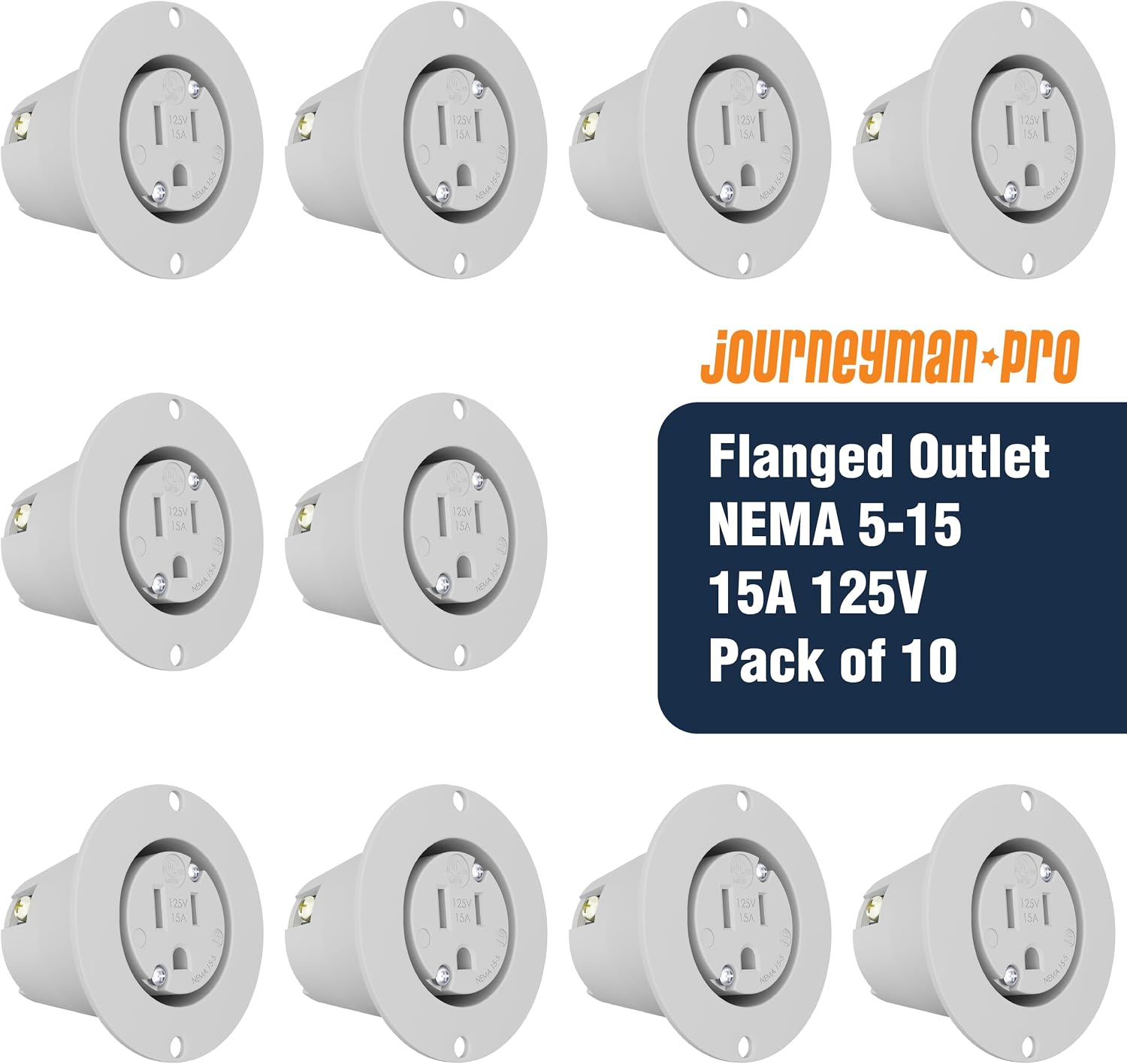 Journeyman-Pro 5279 Flanged Outlet Receptacle - 15 Amp 125 Volt NEMA 5-15, Commercial Grade Electrical Outlet, 2-Pole 3-Wire Straight Blade Plug, cUL Listed, 10-14 AWG, No Cover/Cap - 10 Pack
