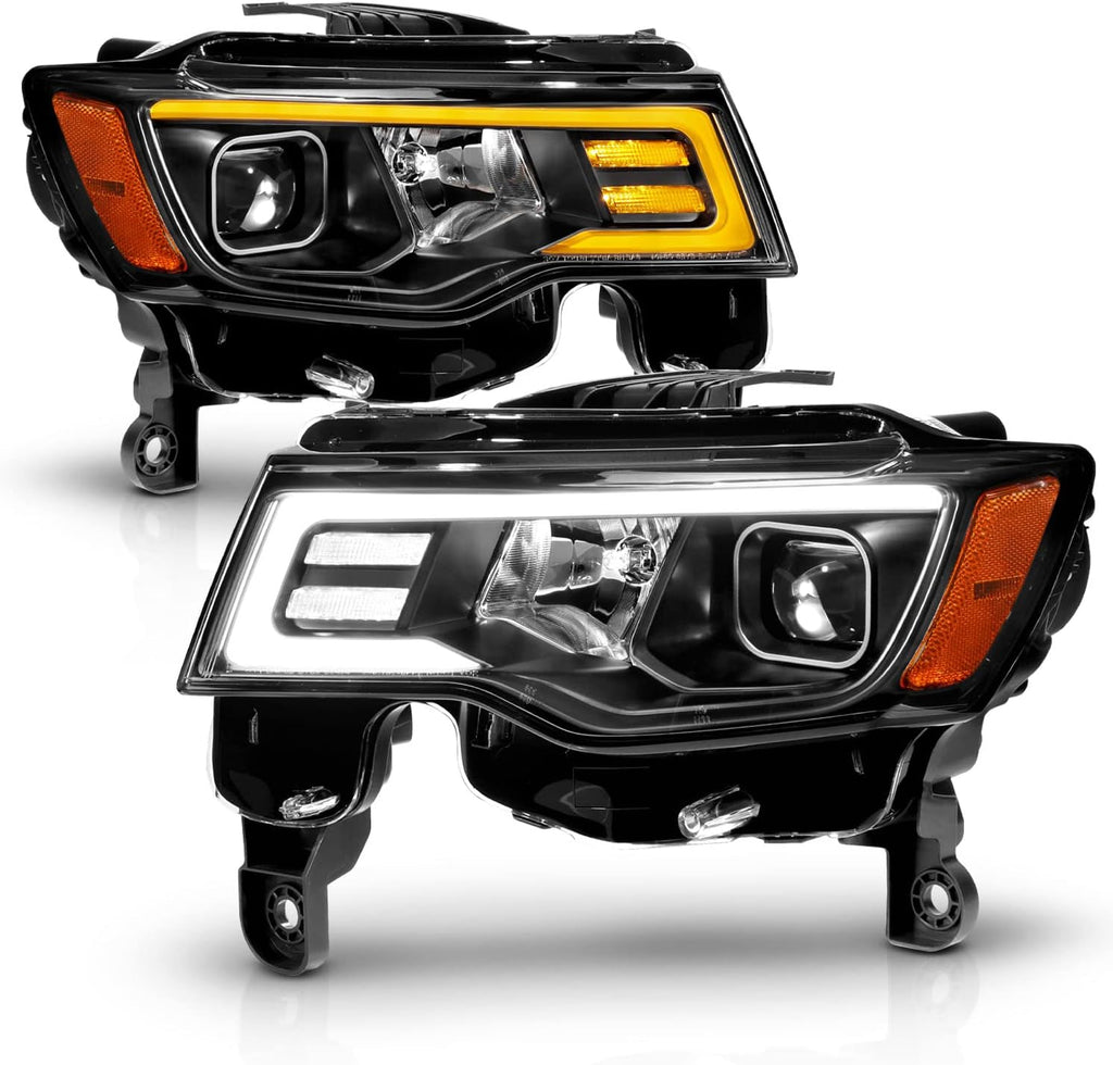 AmeriLite for 2017-2022 Jeep Grand Cherokee Switchback LED Bar Square Projector Black Headlights Assembly Set- Passenger and Driver Side