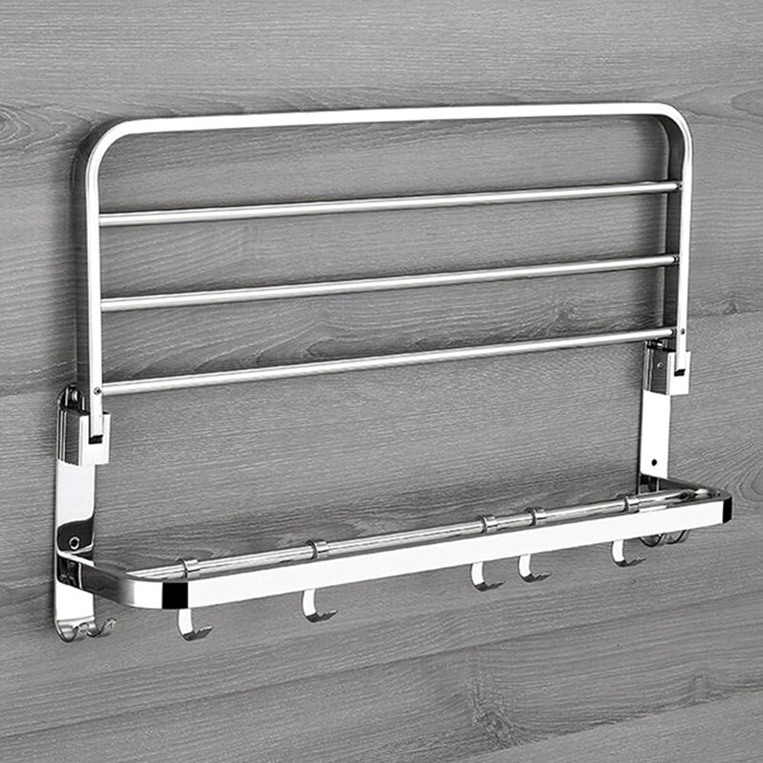 TOMYEUS Shower Caddy Bathroom Shelf Bathroom Towel Shelf with Foldable Towel Bar Holder and Towel Hooks Wall Mounted Multifunctional Double Towel Bars Brushed Nickel Shower Organizer