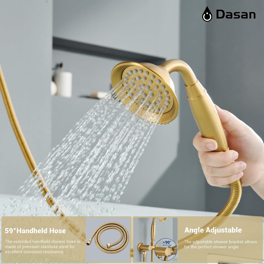 DASAN Brushed Gold Shower System with Tub Spout, Tub and Shower Faucet Combo Set with Valve & Trim Kit Bathtub Shower Faucet Set Bathtub Shower System with Rainfall Shower Head & Handheld, AT309W-BTG