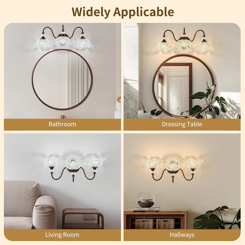 Antique Red Bronze Finish Bathroom Vanity Light, 3-Light Vintage Vanity Light with Floral Clear Glass Shades, Retro Wall Mount Lighting for Bathroom, Dressing Table