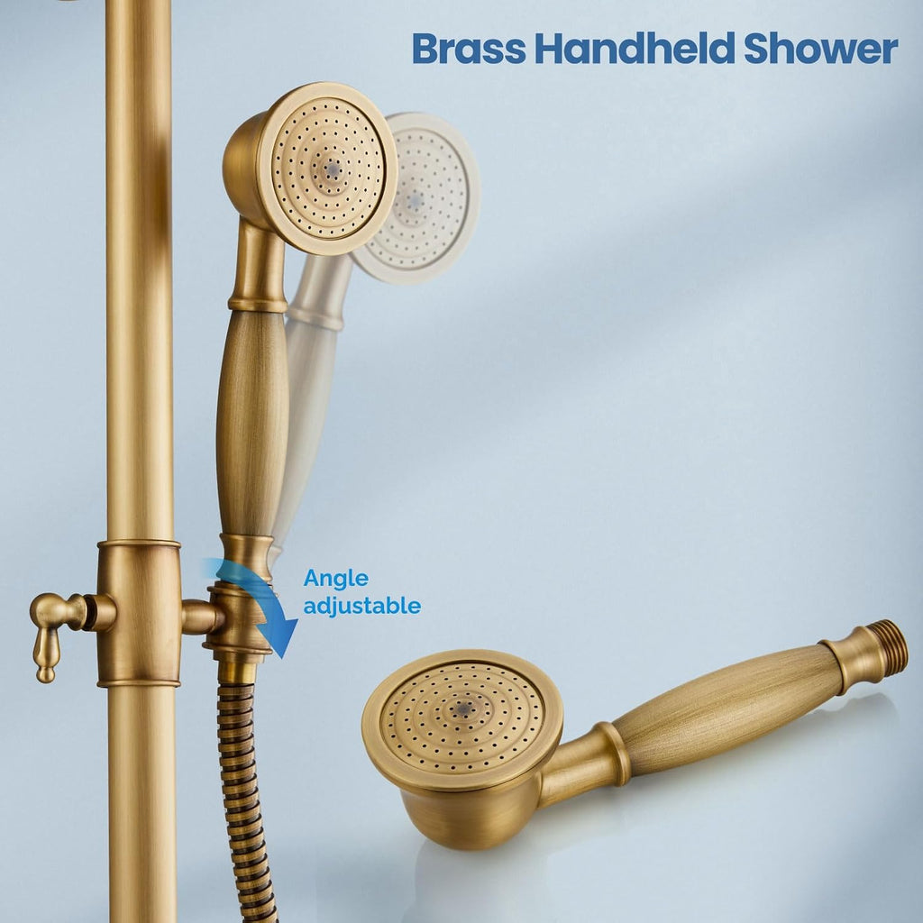 Airuida Exposed Shower System, 8 Inch Rainfall Shower Head with Handheld Spray, Single Handle Wall Mount Shower Faucet Set, Solid Brass Dual Function Exposed Pipe Fixture for Bathroom,Antique Brass