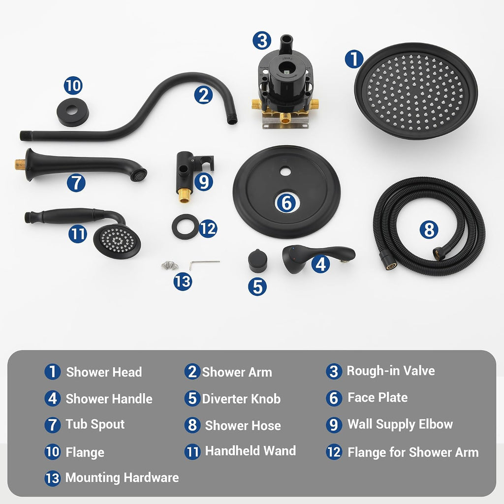 DASAN Matte Black Shower System with Tub Spout, Tub and Shower Faucet Combo Set with Valve & Trim Kit Bathtub Shower Faucet Set Bathtub Shower System with Rainfall Shower Head & Handheld, AT309W-MB