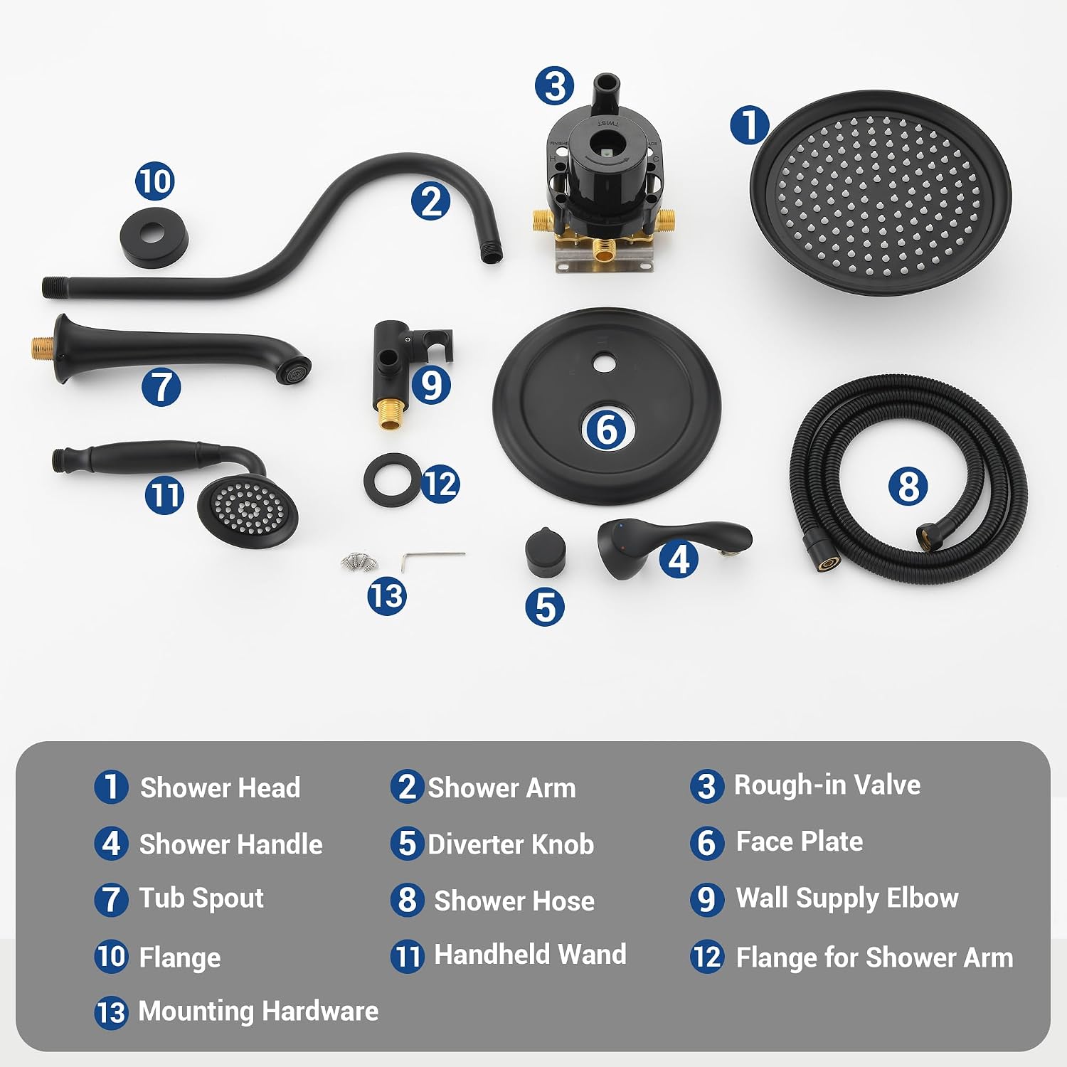 DASAN Matte Black Shower System with Tub Spout, Tub and Shower Faucet Combo Set with Valve & Trim Kit Bathtub Shower Faucet Set Bathtub Shower System with Rainfall Shower Head & Handheld, AT309W-MB