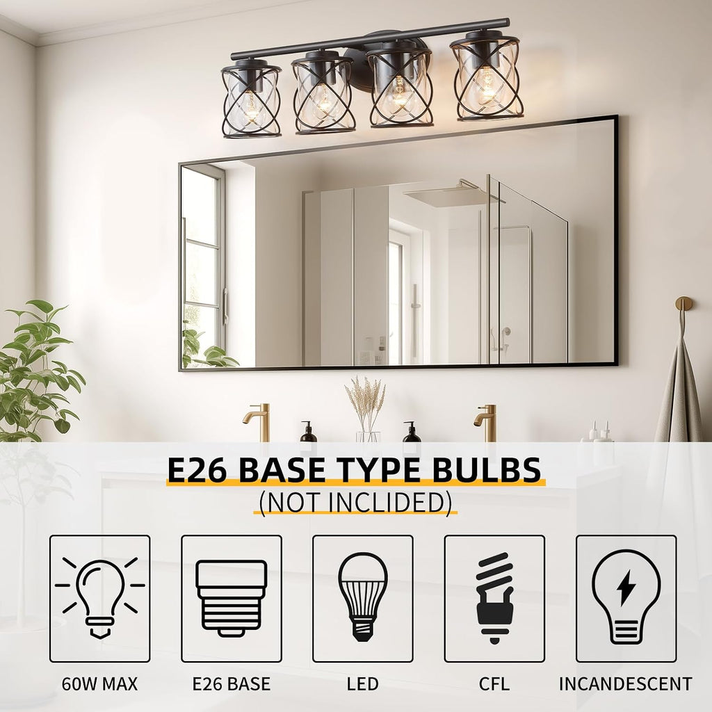 mavcadonf 4-Lights Bathroom Vanity Lights, Bathroom Light Fixtures Over Mirror, Matte Black Vanity Light, Farmhouse Wall Lights with Clear Glass Shade, Bathroom Wall Lamp for Mirror Kitchen Bedroom
