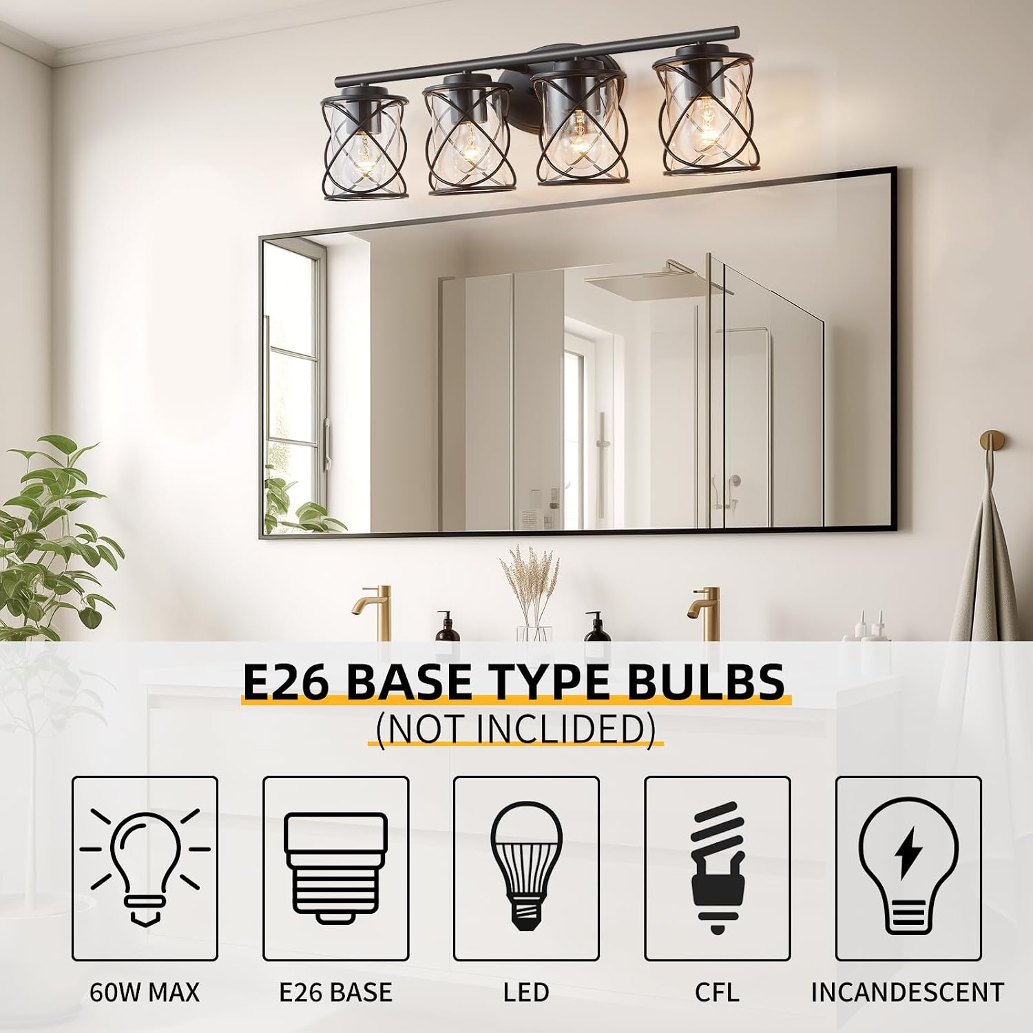mavcadonf 4-Lights Bathroom Vanity Lights, Bathroom Light Fixtures Over Mirror, Matte Black Vanity Light, Farmhouse Wall Lights with Clear Glass Shade, Bathroom Wall Lamp for Mirror Kitchen Bedroom