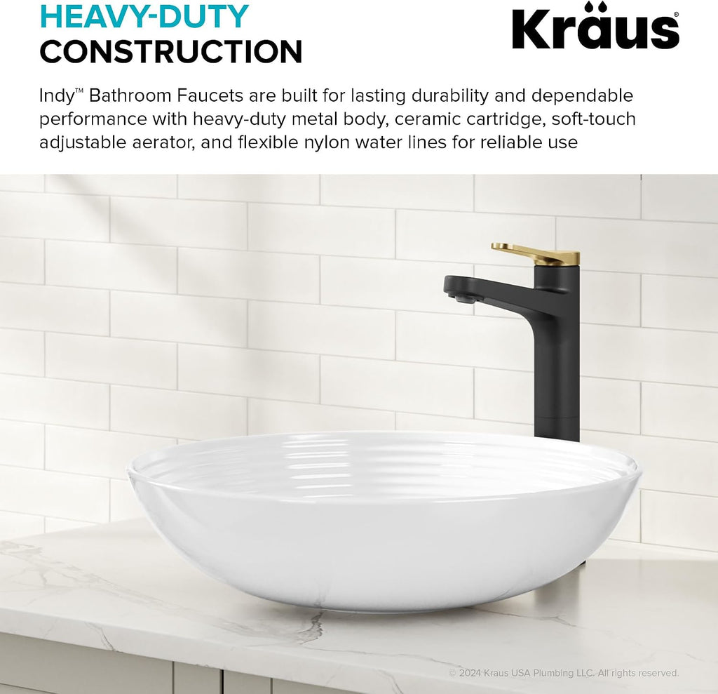 KRAUS Indy Bathroom Faucet for Vessel Sink in Spot-Free Brushed Brass/Matte Black with Single Handle, Pop Up Drain and Supply Lines, KVF-1410SFBBMB
