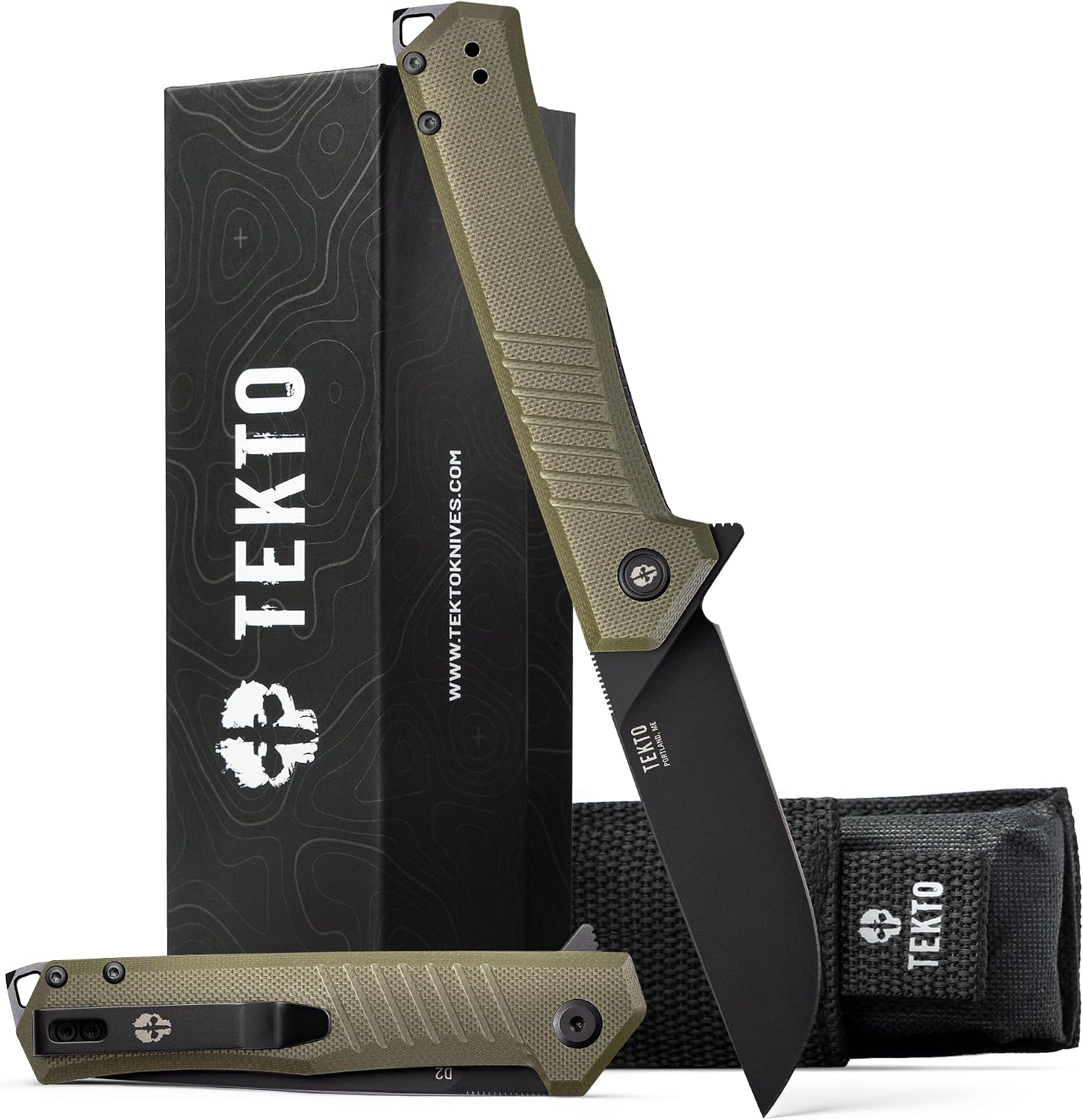 TEKTO F1 Alpha Folding Pocket Knife - Modified Straight Back Blade, Titanium Coated D2 Steel, Tactical Knife, EDC Folding Pocket Knives for Camping, Hunting & Backpacking - G10 OD Green, Black Accents