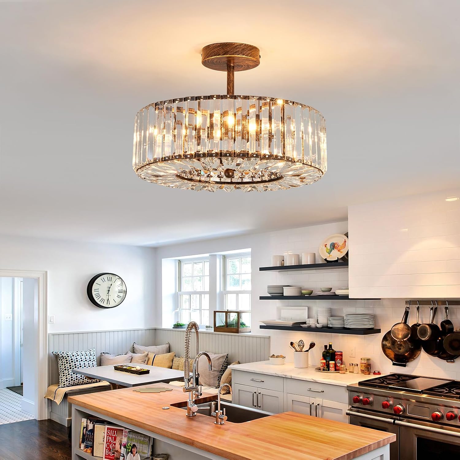 Piepooye 4 Lights Modern Crystal Chandelier Oil Rubbed Bronze Round Semi Flush Mount Ceiling Light Fixture Farmhouse Chandelier for Dinning Room Living Room Bedroom Hallway Entryway Kitchen