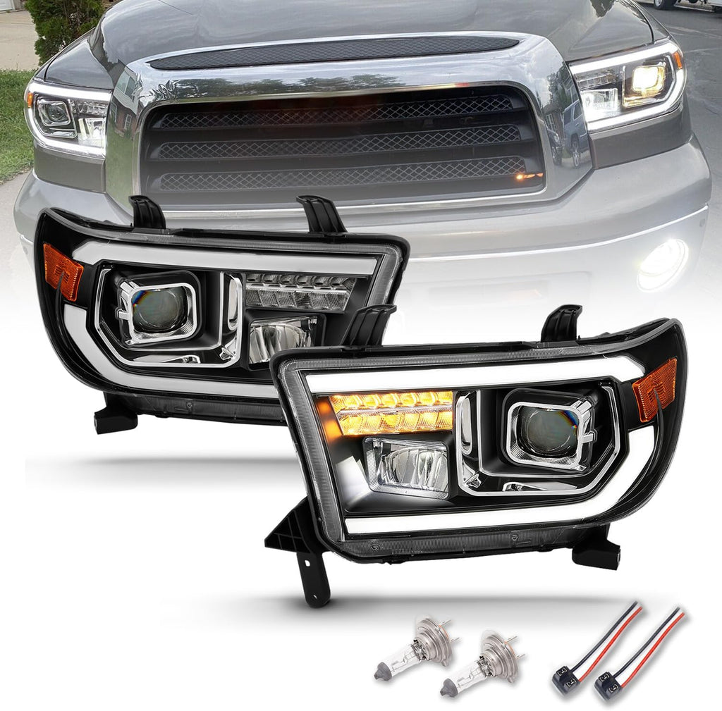 AmeriLite Replacement for 2007-2013 Toyota Tundra | 2008-2017 Sequoia Quad Projector w/High Power LED Tube & Signal Set - Passenger and Driver Side