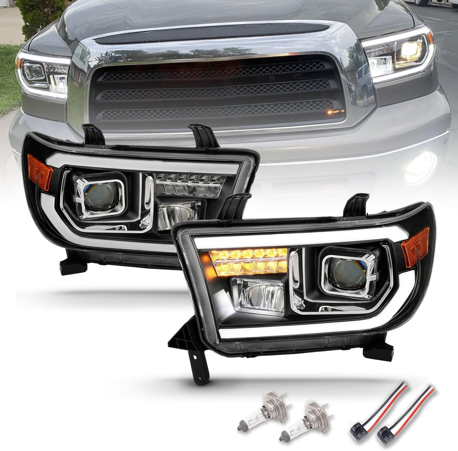 AmeriLite Replacement for 2007-2013 Toyota Tundra | 2008-2017 Sequoia Quad Projector w/High Power LED Tube & Signal Set - Passenger and Driver Side
