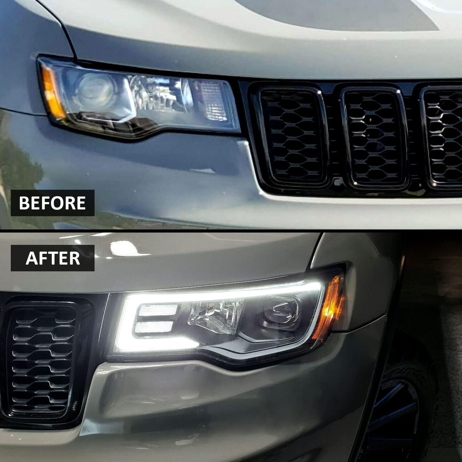 AmeriLite for 2017-2022 Jeep Grand Cherokee Switchback LED Bar Square Projector Black Headlights Assembly Set- Passenger and Driver Side