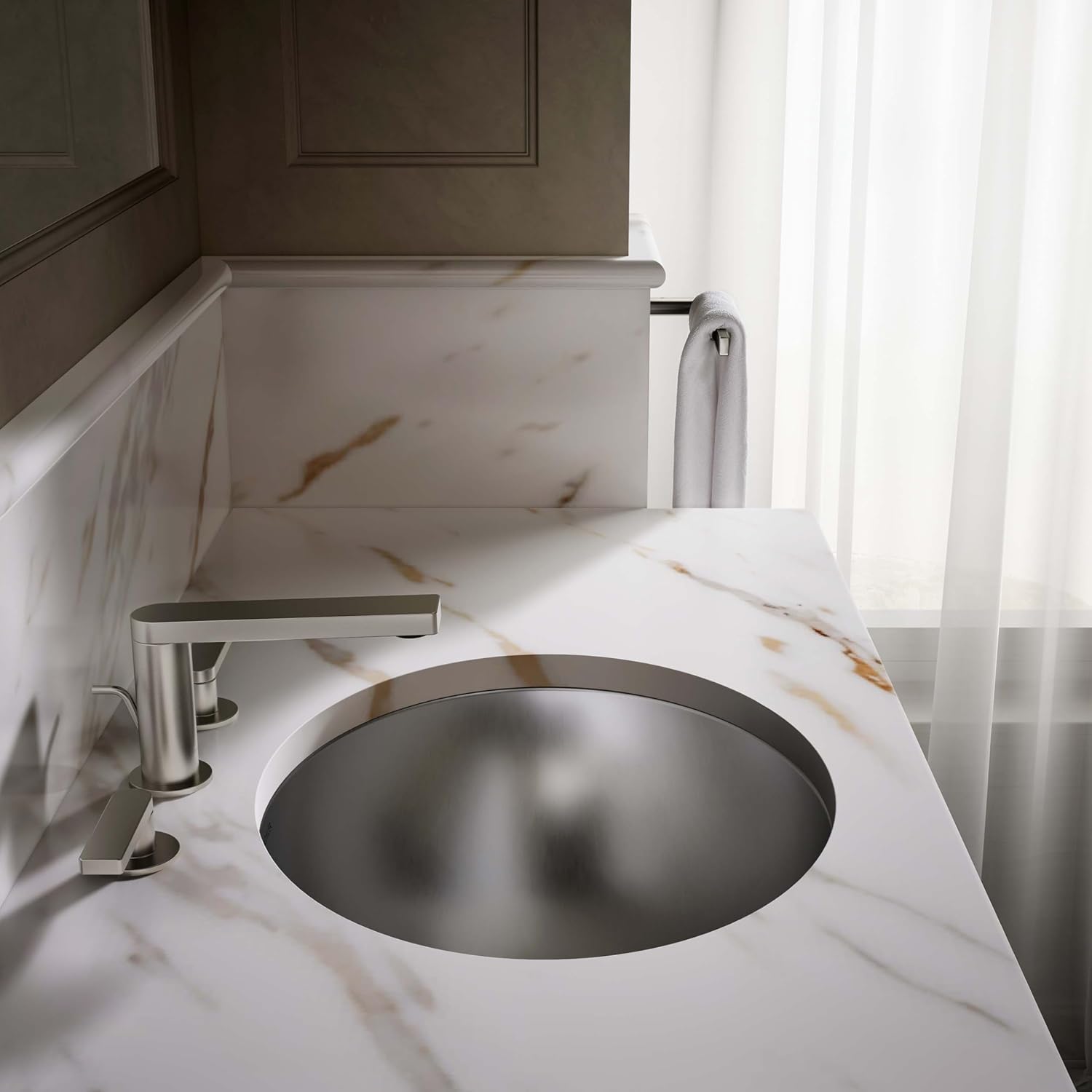KOHLER K-2608-SU-NA Bachata Drop-In/Undermount Bathroom Sink with Luster Finish, Without Overflow, Stainless Steel