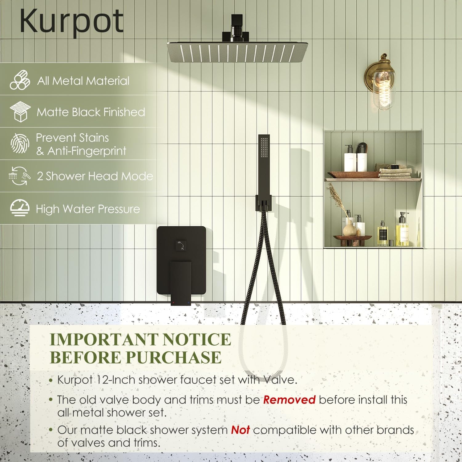 Kurpot Shower System, Matte Black Shower Faucet Set, 12 Inch Rain Shower Head with Handheld Spray, High Pressure Shower Head System with Shower Valve and Trim Kit, Wall Mounted Shower Head Set
