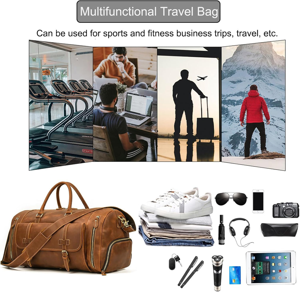 LUUFAN Full-grain Genuine Leather Travel Bag Large Capacity Duffel Luggage Bag with Shoe Compartment, Men Women Shoulder Bag for Weekend Holiday Business Trip, Light Brown