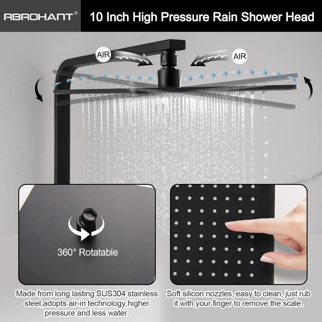 RBROHANT 3 Functions Exposed Shower System, Matte Black Exposed Shower Faucet Set, 10 Inch Rain Shower Head with Handheld and Tub Spout,Shower Height Adjustable, Wall Mounted