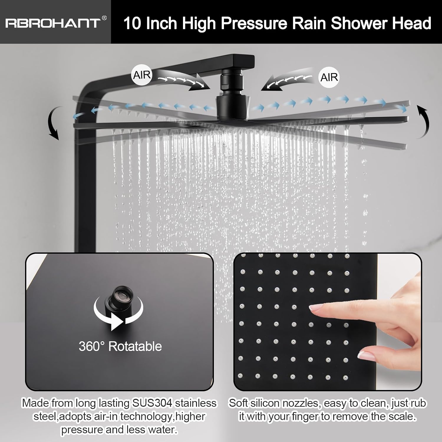 RBROHANT 3 Functions Exposed Shower System, Matte Black Exposed Shower Faucet Set, 10 Inch Rain Shower Head with Handheld and Tub Spout,Shower Height Adjustable, Wall Mounted
