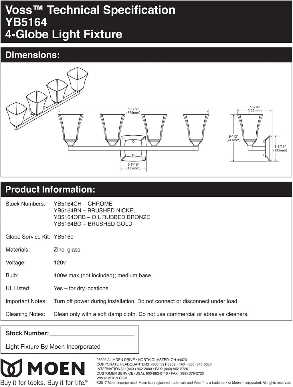 Moen YB5164NL Voss 4-Light Dual-Mount Bath Bathroom Vanity Fixture with Frosted Glass, Polished Nickel
